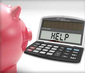 piggy bank facing calculator with the word help